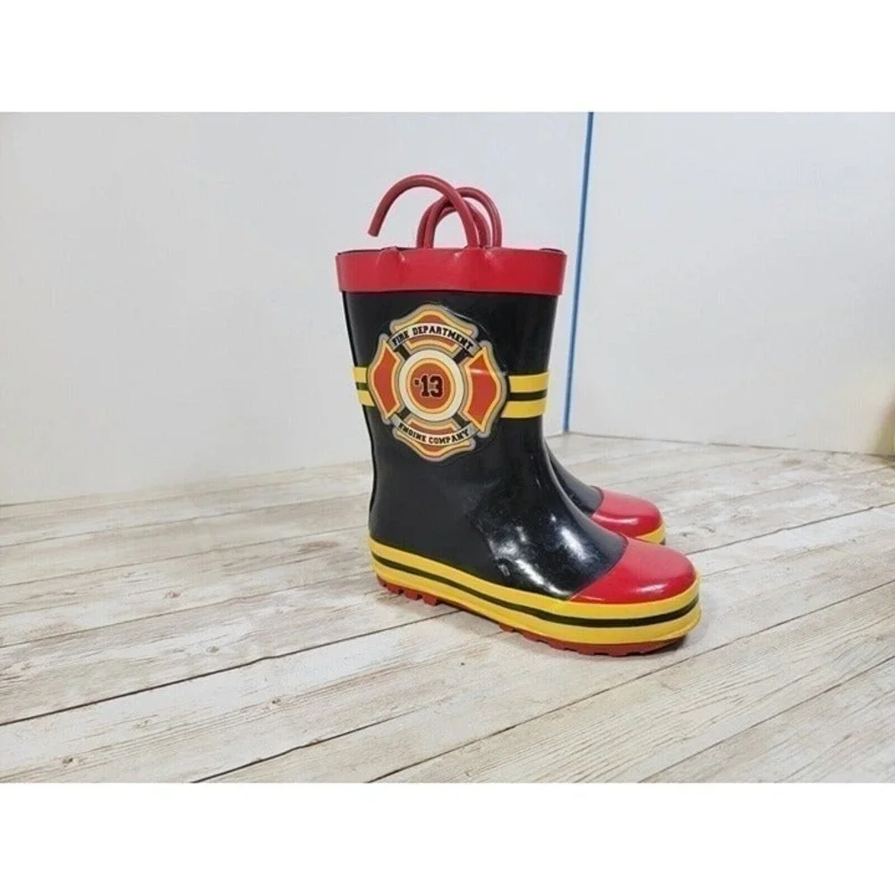 Fireman Fire Dept Rain Boots Fire Cheif Black Yellow 7/8 Boys Girls #13‎